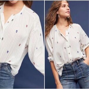 Anthropologie Akemi+Kin Blouse XL White Button Front Adela Embroidered Top boho